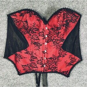 Corset Size 40 Red Satin Black Lace Satin Ribbon Tie Up Back Cute Goth Cosplay